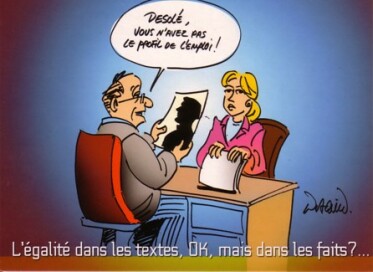 Dessin proposé sur le site egalite-mixite.com : L'égalité dans les textes, OK, mais dans les faits ?